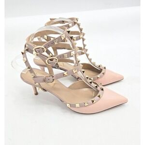 Valentino Garavani Rockstud Caged‎ Pumps Pink Patent Leather Kitten Heels 38